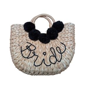 Handwoven Straw Tote Bag "Bride" Embroidered Pom Pom Summer Basket Purse